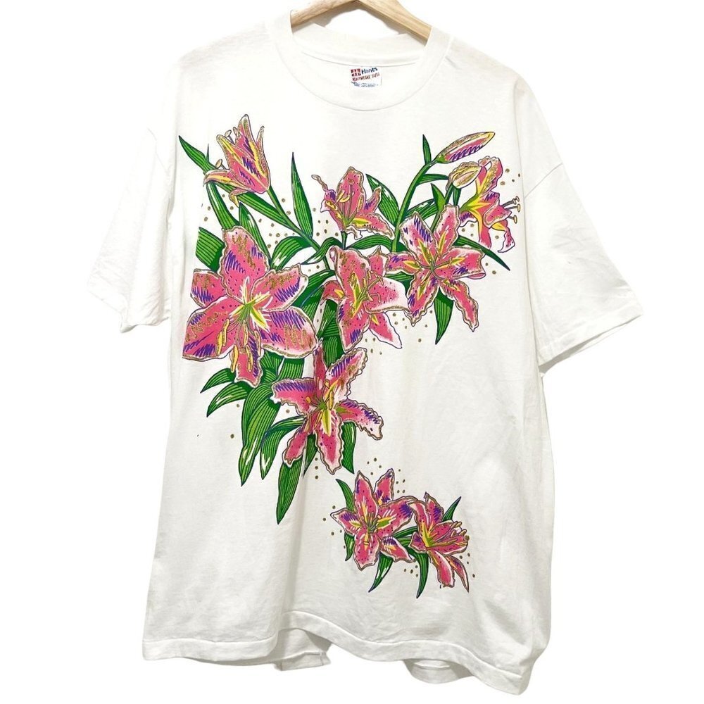 VTG 90s Pink Lilies Art Gold Glitter T Shirt Adult XL‎ USA Single Stitch Hanes